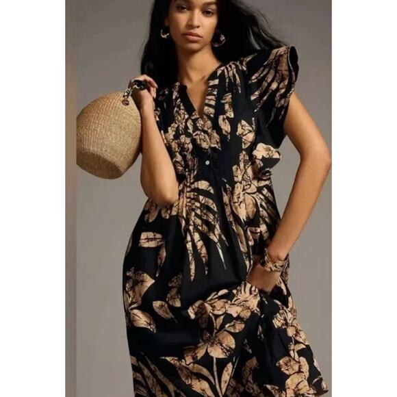 Anthropologie Maeve Black Flutter Sleeve Maeve Cassandra Maxi Dress XS - Picture 2 of 12